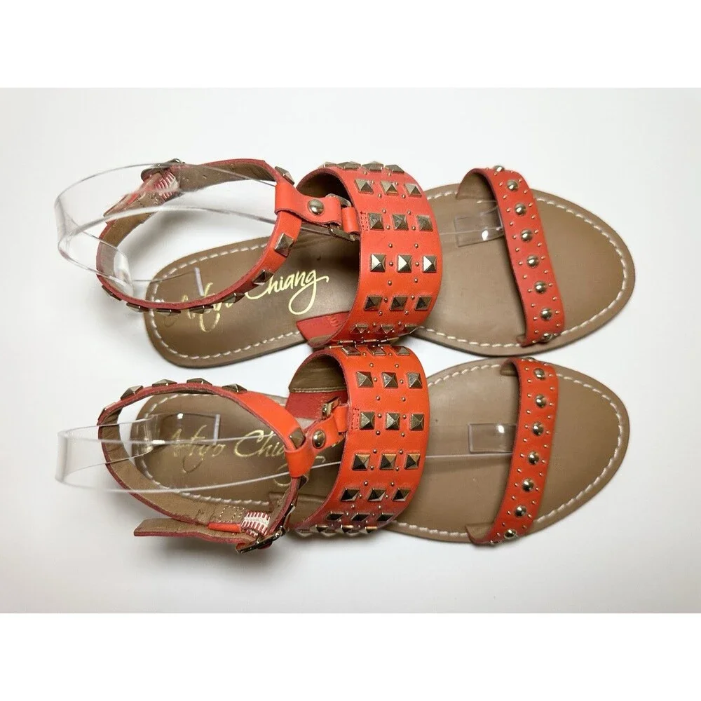 Arturo Chiang‎ Orange Gold Studded Leather Flat Ankle Strap Sandals Women's 9M